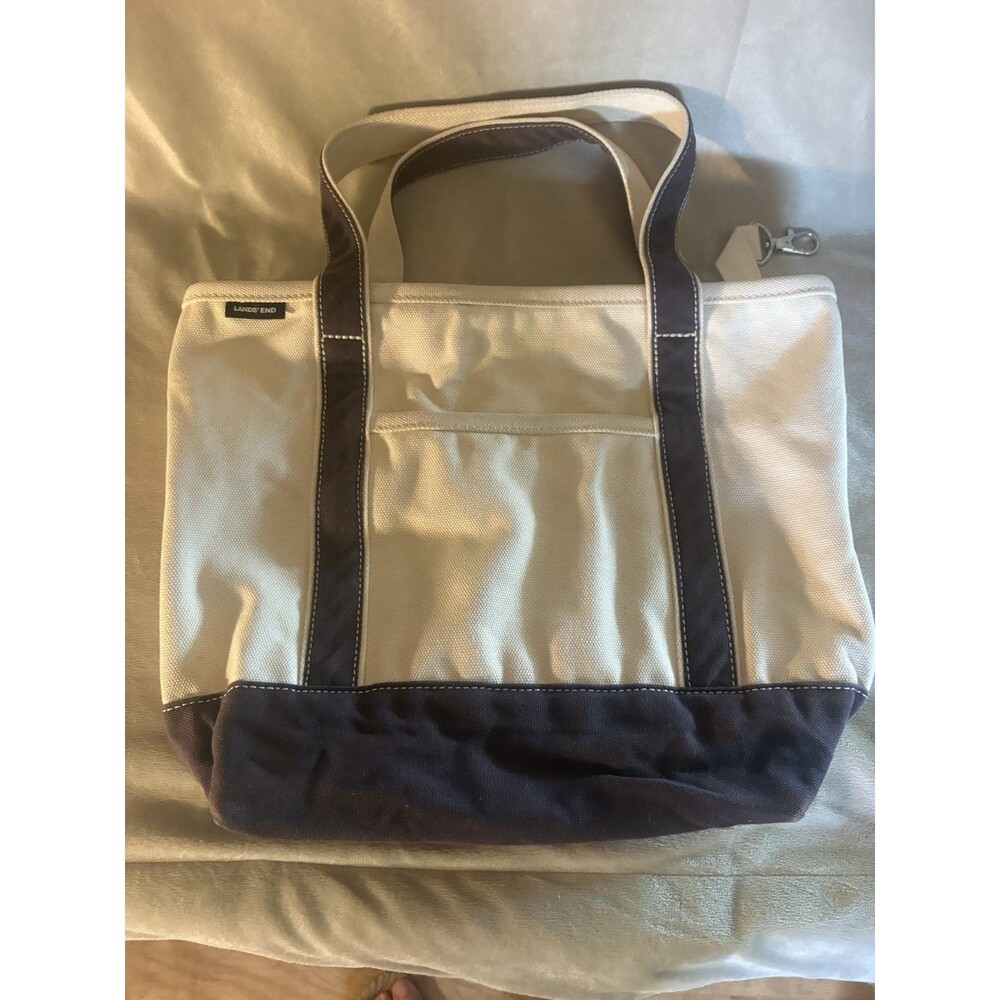Lands’ End Canvas Tote Bag Cream/Dark Navy 6 Pockets 100% Cotton